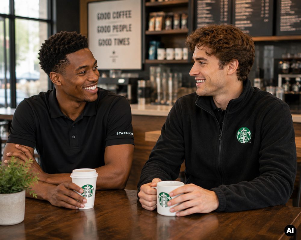 Starbucks-team-in-fleeces-talking