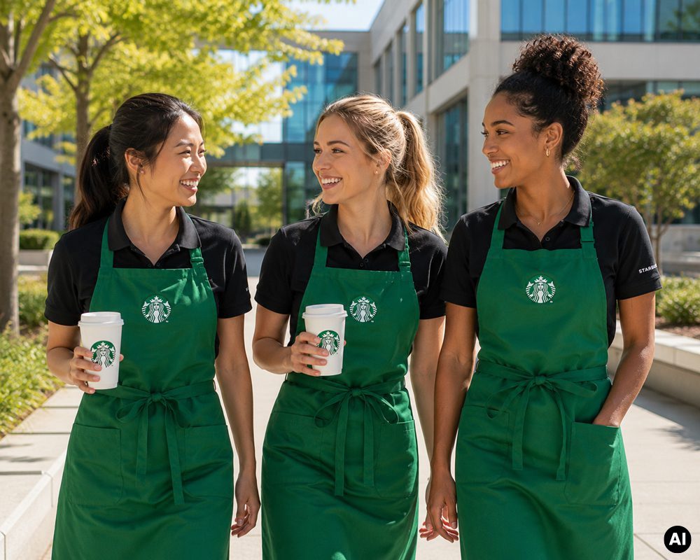 Starbucks-team-walking-with-aprons-on