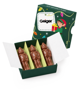 Trio of elves in branded box